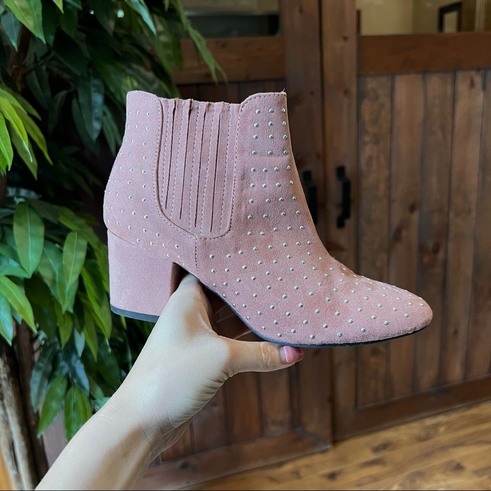 Blush Pink Silver Round Studded Suede Block Heel Ankle Boots Booties